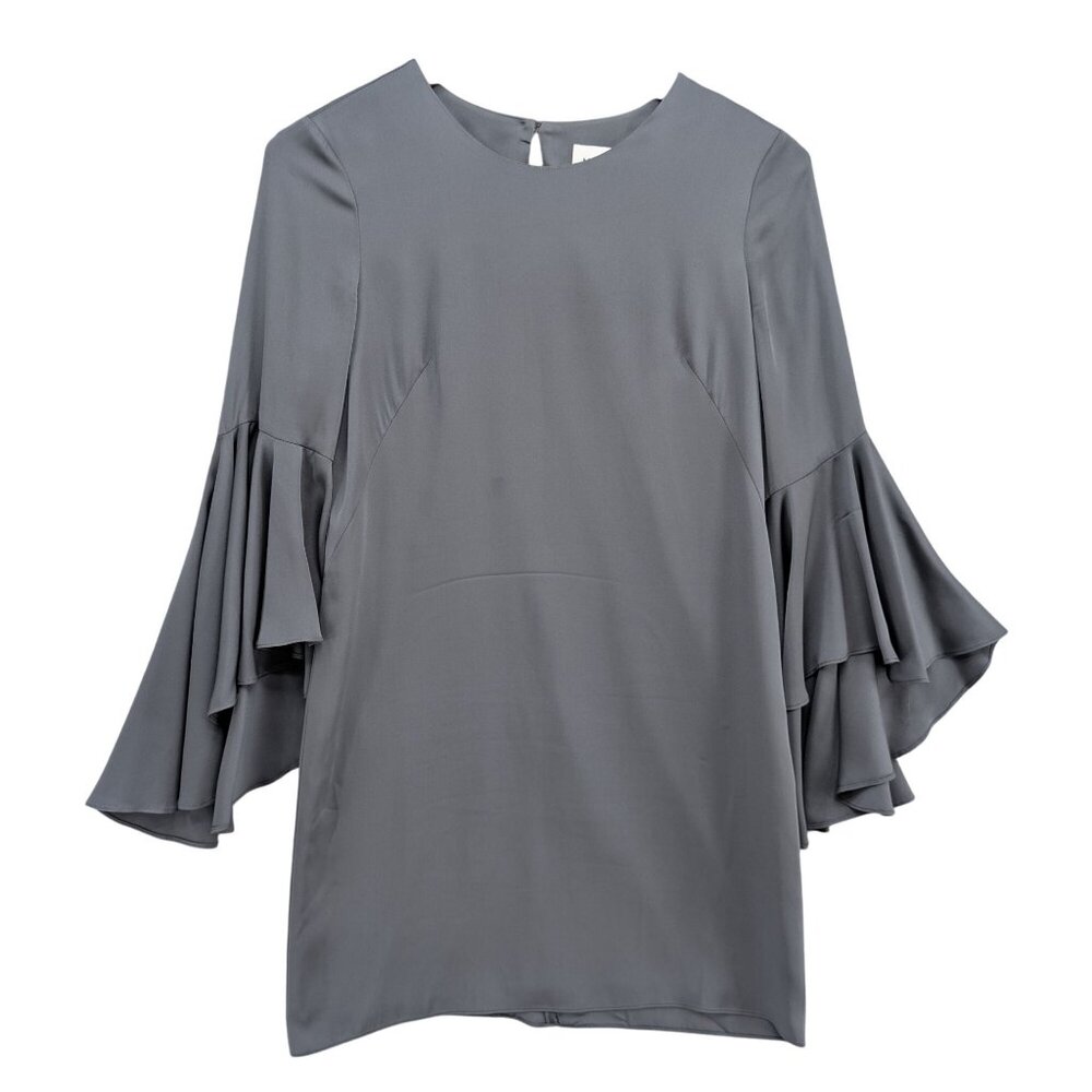 Milly Stretch Silk Mini Dress Pewter Grey 3/4 Bell Sleeve Shift Dress Size 2